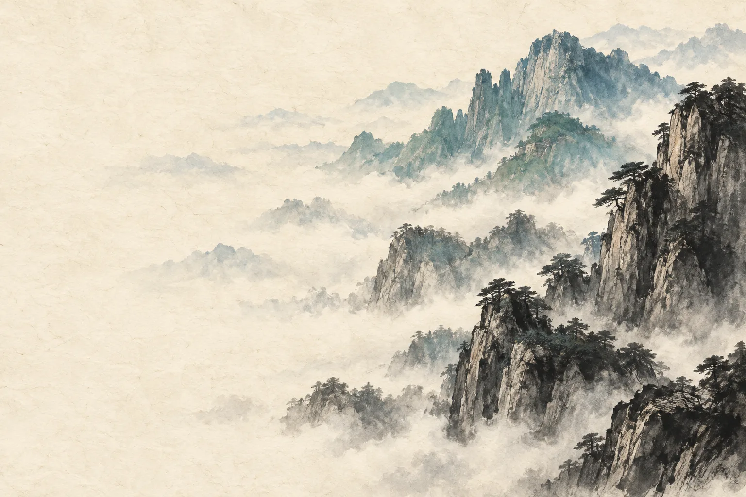 层叠远山与云雾的原创水墨画